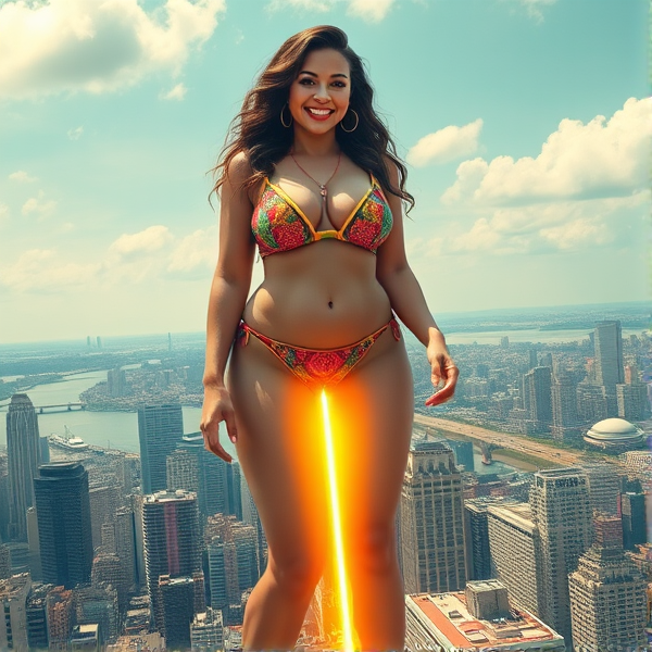 Colossal enchantress towering over a bustling cityscape, her smile exuding confidence and allure. Her stature is of mythical magnitude, each curve exaggerated to emphasize her formidable presence. She dons a vibrant, intricately patterned bikini that complements her ample bosom and hourglass figure. From her navel bursts forth a radiant beam of pure energy, manifesting as a laser that pierces the skyline—a testament to her immense power. This tableau melds the fantastical with the metropolitan, presenting the giantess as both an object of admiration and a symbol of dominance amidst the urban sprawl.