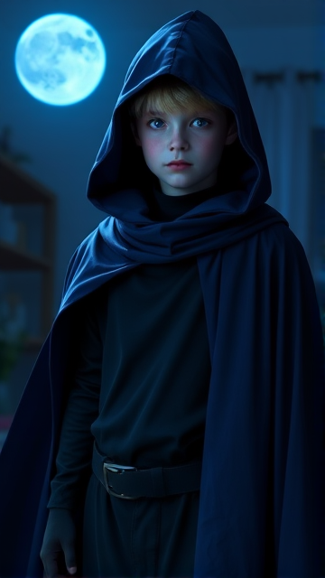 A little 12-year old boy hero named Connor Bardley, but transformed into a mysterious blackened and shadowy figure with superpowers, powerful magic, and ghostly abilities wreathed and concealed in a big blue hooded cape draped around his obscured body, calling himself The Phantom, a mysterious superhero devoted to defending the mortal world from all manner of supernatural evil, and is the most powerful ghost hunter on the planet. His face is magically kept hidden in the shadows, with the only thing visible being a pair of glowing, eerie white eyes, and no matter how much light shines on him, his features always stay shrouded in the darkness of his cape, and his hood stays magically adhered on his head and cannot be removed by anyone or anything, which helps protect his true identity in this form. The young heroic cloaked figure is seen standing in his bedroom at night, his transformation complete, and is now ready for action.