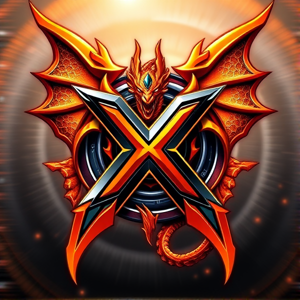 Beyblade x logo intricately intertwined with a fierce, dynamic orange and black dragon, scales glistening with metallic sheen, wings unfurled in a powerful stance, its tail artistically curling around the X enhancing the emblematic design, eyes glowing with an intense ember-like fire against a backdrop of swirling battle energy