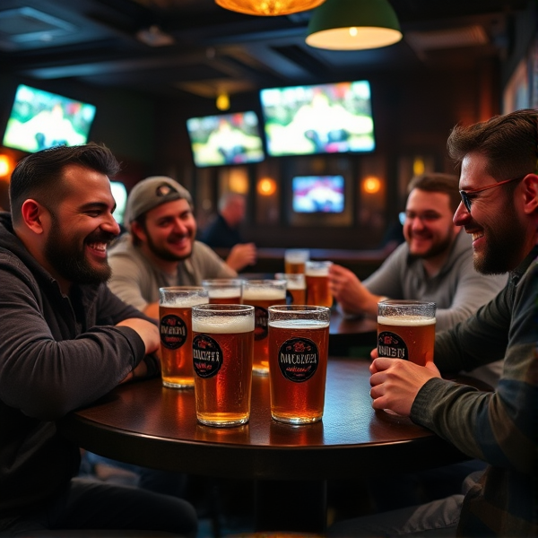 Four cans of beer sitting around a table laughing and relaxing after a long day. The bar room in dark and warm with s the glow of a few tvs