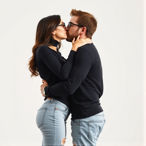 Skinny woman with dark brown hair, black glasses kissing a man with brown hair and glasses. Both wearing black long sleeve with light ripped jeans. Full body picture