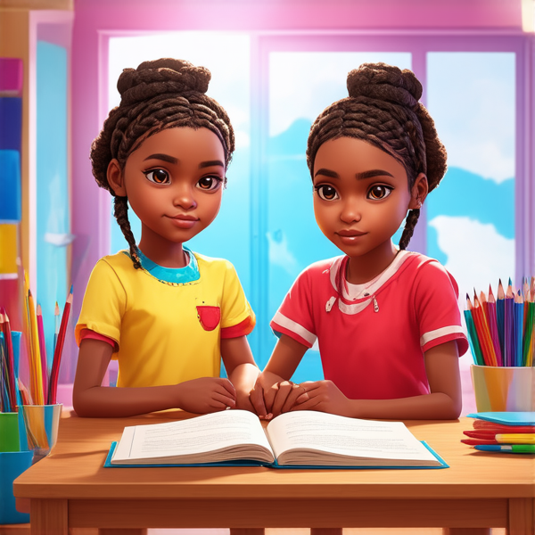 deux fillettes africaines de huit ans aux tresses africaine assises côte à côte, concentrées sur leurs livres de leçons posés devant elles sur une table éclairée, dans une chambre lumineuse et colorée, avec des fournitures scolaires éparpillées autour