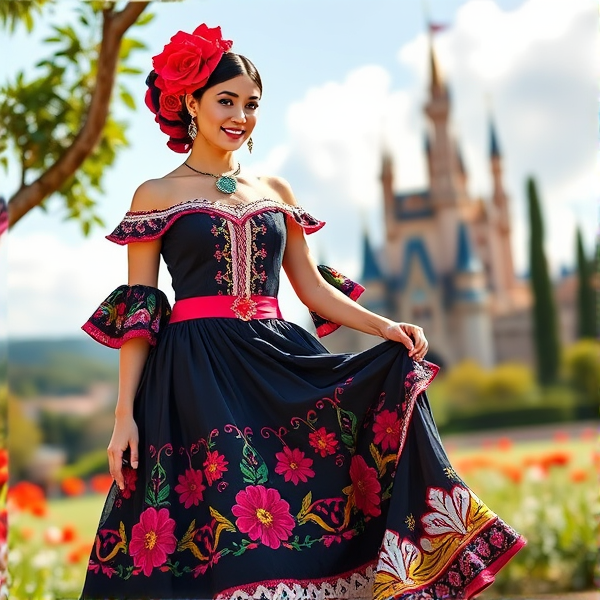 Mujer con vestido Mexicano estilo Princesa Disney