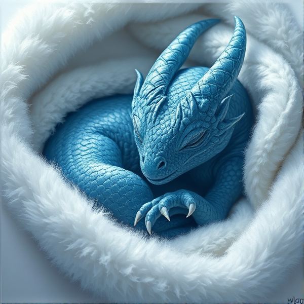 A blue and silver, baby dragon sleeping in a white fluffy blanket and it has just been born