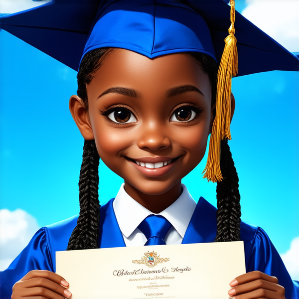 jeune fille noire de huit ans avec des tresses africaines traditionnelles, habillée élégamment pour une cérémonie de remise de diplôme, tenant son certificat, souriante et fière