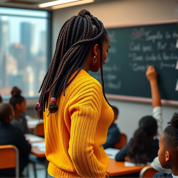Une enseignante noire âgée de quarante ans coiffée de tresses africaines traditionnelles, portant un pull jaune  se tient le dos tourné en train d'y écrire à la craie blanche au tableau dans une salle de classe avec des élèves noires agés de huit ans.