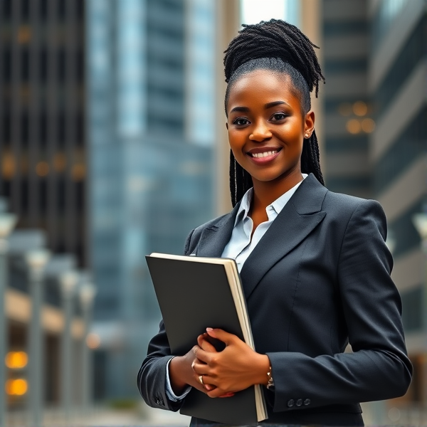 young African woman dressed in a stylish business suit, confidently holding a binder in her hands against an urban backdrop