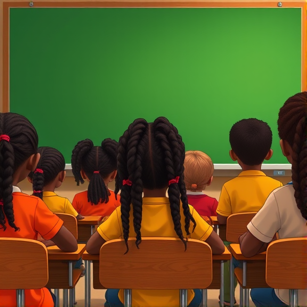 des filles noires de huit ans avec des tresses africaine et des garçons assis dans une classe face au tableau vert