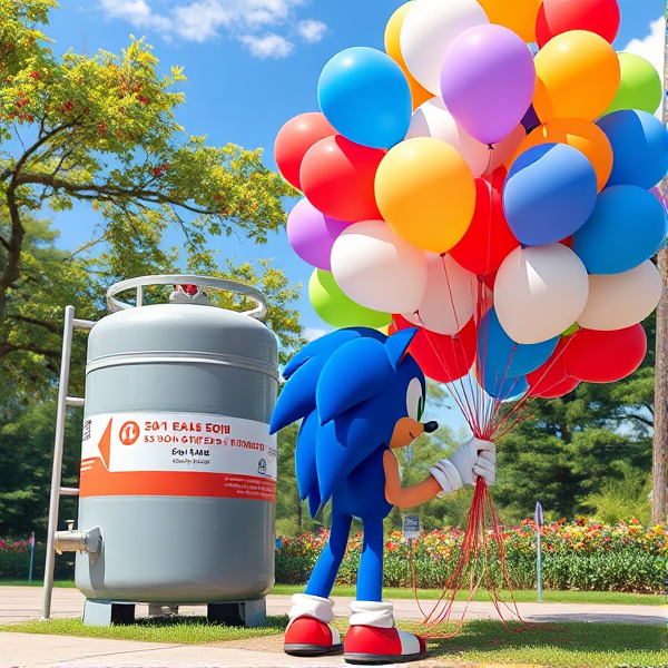 At the sunny day park Sonic the Hedgehog standing upright next to a large helium gas cylinder tank, holding a nozzle attached to a vibrant cluster of assorted 16 inch balloons 450 each
