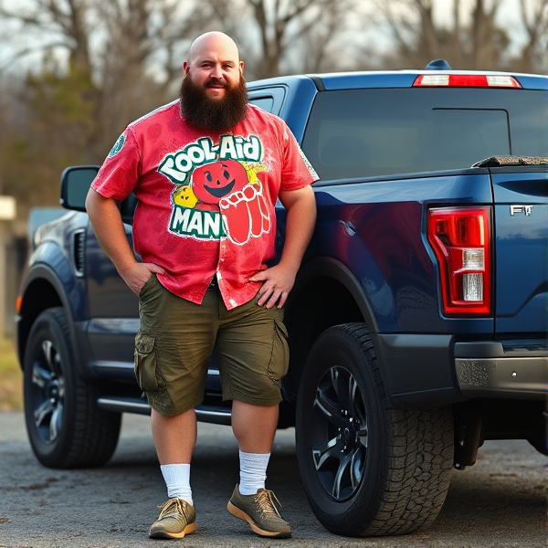 A bald 300 lb man with a beard wearing cargo shorts, a kool-aid man shirt, white socks, sketchers shoes, standing next to a navy blue Ford ranger
