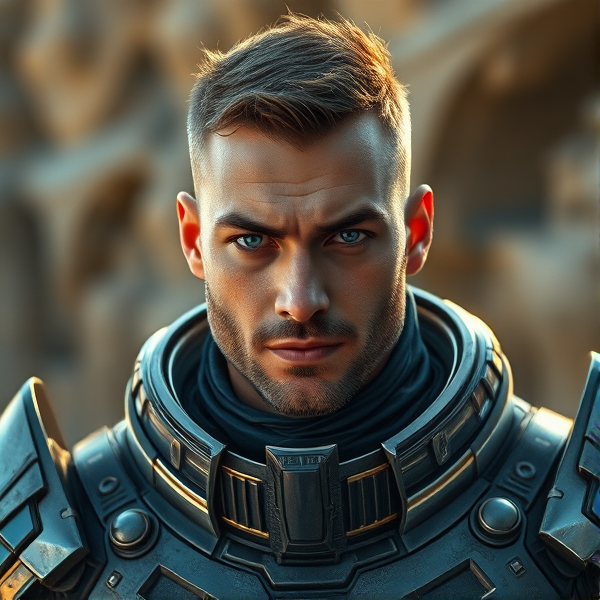 A man in futuristic metal armor