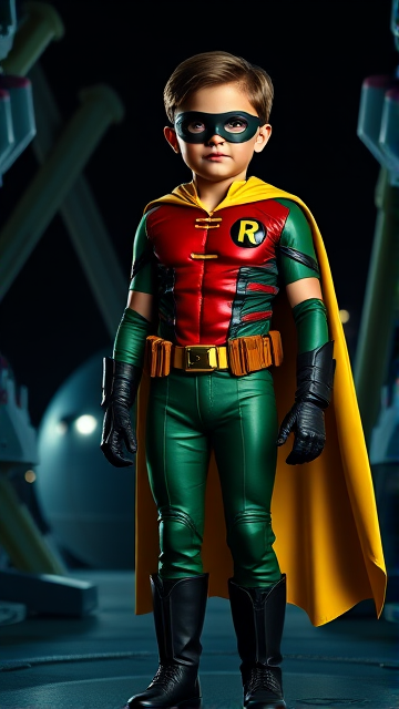Movie Scene: A preteen 12-year old boy with light skin and dark brown hair named Connor Bardley, but dressed as Robin, The Boy Wonder, with an extremely muscular body, a sleek green suit with a red torso with a black circle with a yellow R symbol on his left pectoral, a gold utility belt, black boots, black long-cuffed gloves, a big, heel-length, ultra-wide yellow collared cape, and a black eye mask, standing in his secret high-tech underground lair, the Bird Cave, ready for action.