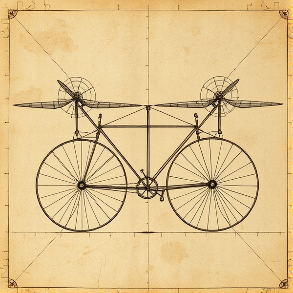 Schéma du vélo aérien à double hélice latérale de Leonardo Da Vinci, parchemin, encre de chine