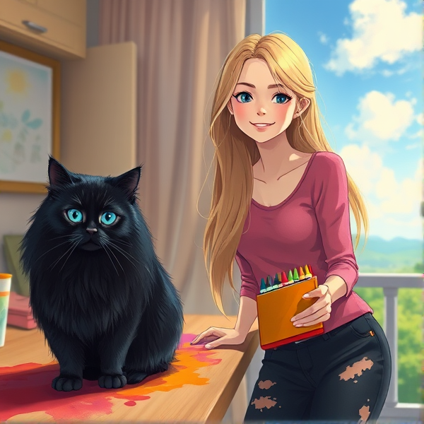 soft dreamish feeling, a woman with blonde hair, long length, happy, she is looking at the camera, dressed in a pink top and black pants with paint stains on, she is holding a box of Crayons, a longhaired black cat is sitting on the table, big blue eyes, it is in the waterpaint style of Yulia Gapeenko, bright pastels, ultra realistic,