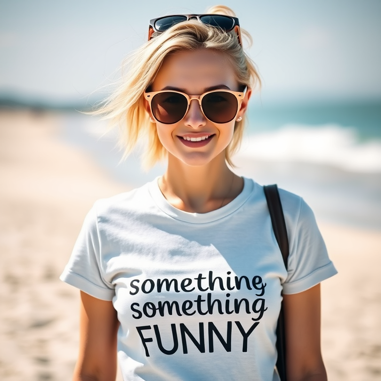 write something funny in the tshirt
séance photo d'une femme blanche portant un T-shirt de style estival, coiffure décontractée, lunettes de soleil tendance, sur fond de plage ensoleillée