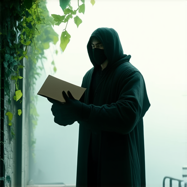 Un homme remettant une enveloppe à un autre homme, tour deux vêtu en noir, capuche sur la tête, gothique, masque intégral noir sur le visage