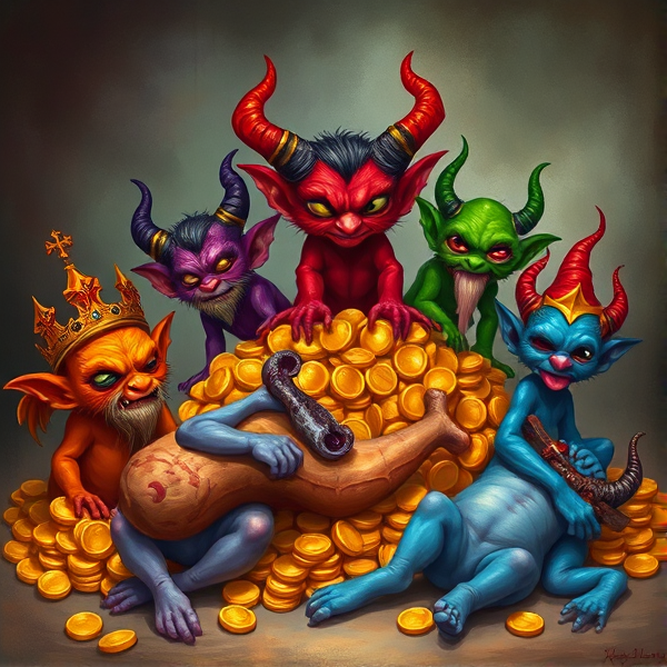 Seven diminutive imps personifying the seven deadly sins in a whimsical, fantasy style: an imp with prideful demeanor, bathed in orange hues and adorned with an elaborate crown signifying its sin. A wrathful imp, crimson as smoldering embers, sporting menacing fiery horns that blaze upwards. An imp engulfed by greed, its violet form reclining on a mountain of gleaming gold coins, eyes alight with insatiable desire. Envy manifests in a viridian imp whose gaze is fixated with covetous side-eyes upon its companions. Gluttony is captured by a rotund, sallow imp indulging in the excesses of feasting on an oversized turkey leg. Lust is suggested through a cerise-hued imp with a coquettish expression and tongue teasingly protruding. Lastly, sloth is represented by a languid azure imp sprawled indolently upon the ground, lost in slumber