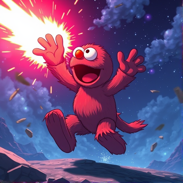 Elmo using kamehameha beam in the distance