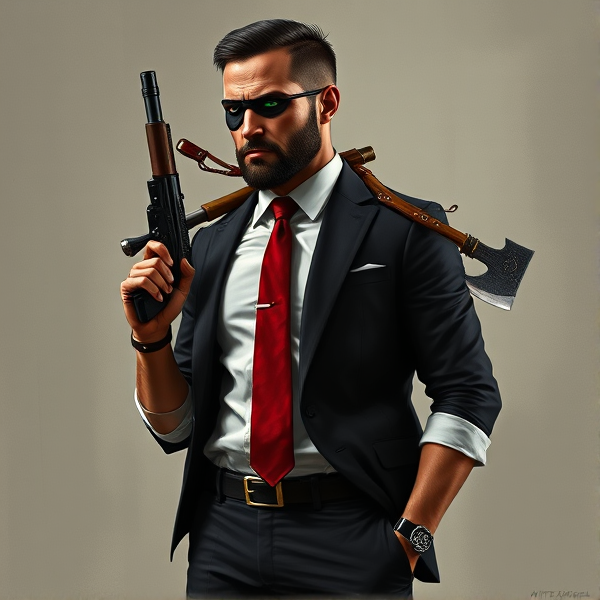 full-body portrait of John Abraham Marston, the epitome of a rugged, elite operative. His hair is a sharp, jet-black and clean cut, complemented by a precisely shaped beard along his jawline that underscores his stoic endurance. An advanced tactical eyepatch conceals his left eye, with a deep scar below it marking a history of intense combat and partial sight loss. Exuding an effortless command presence, he stands in a tailored white shirt tucked into sleek black trousers supported by glossy leather suspenders. A striking red tie provides a dash of vibrancy to his attire. The outfit is completed with an elegant black blazer tailored with hidden Kevlar lining for unobtrusive protection – indicative of the perilous nature of his profession. Polished dress shoes convey the gravity of his role. John Marston's readiness for confrontation is apparent through the Desert Eagle featuring a black and custom green laser sights for unrivaled precision. Crossed on his back are his trusted melee weapons: a sharp katana and a heavy-duty fireman's axe representing his preparedness for close-quarters battle. These details reflect his dedication to "the agency," tasked with clandestine operations even as he copes silently with alcoholism to dull the edge of PTSD from past service encounters. Visible on his left arm are sophisticated cybernetic implants – remnants of former experimental augmentations