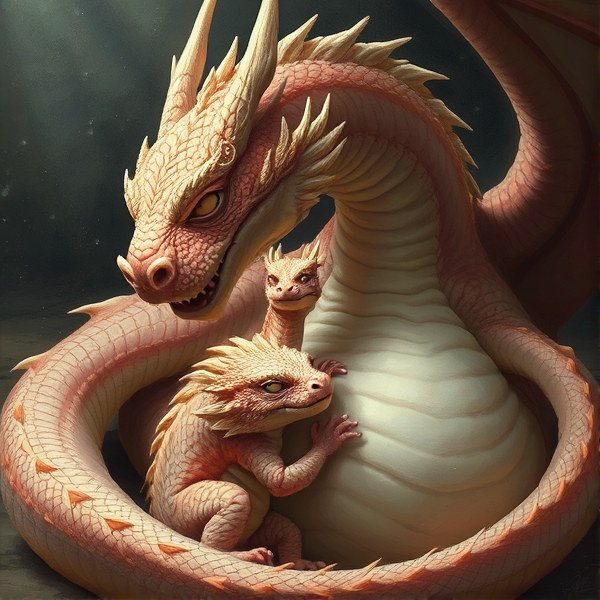 A lazy, fat, blobby mother dragon trying to make its baby dragon fat