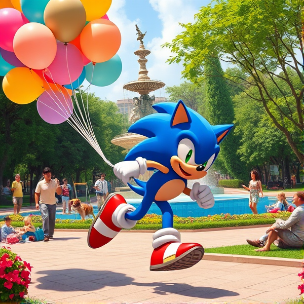 Sonic the Hedgehog captured mid-stride in a dynamic running pose, with his iconic blue quills trailing behind him. He's helium gas cylinder tank standing gripping and vivid collection of assorted balloons—450 in total, each measuring 16 inches. The balloons are in various shades and have a shimmering sheen to them, reflecting the sunlight. Sonic is sporting his red shoes with white stripes and gold buckle, which blur slightly from his incredible speed. The bustling park around him is alive with activity; there are children playing on swings, couples walking dogs of various breeds, street performers juggling and people picnicking on checkered blankets. Lush green trees dot the landscape, their leaves rustling gently in the breeze, and vibrant flower beds add pops of color throughout the scene. In the background stands an elaborate fountain cascading water into a clear blue basin. All elements are illustrated in a richly saturated anime art style that emphasizes bold lines and dramatic lighting to enhance the dynamic nature of Sonic's movement