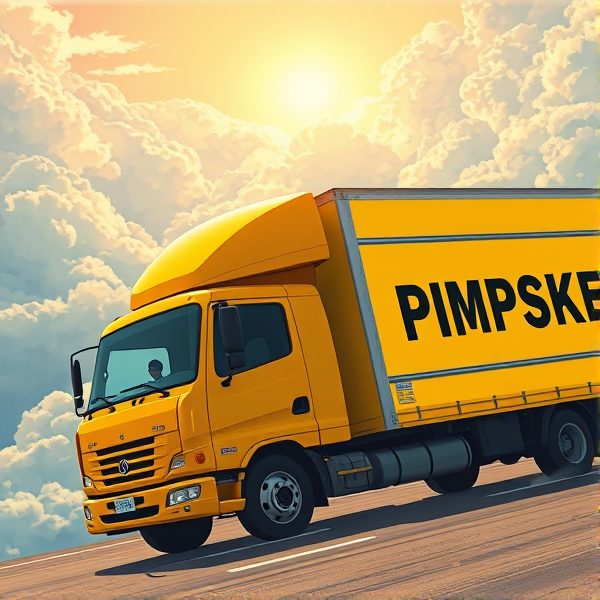 In heaven, all yellow moving truck that says the word "PIMPSKE" ON THE SIDE of trailer, black driver waving out window, truck is driving into heaven