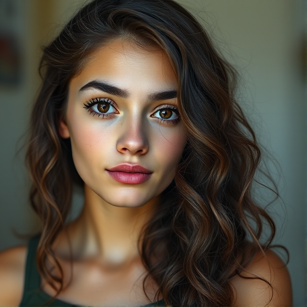 A 17 old girl with long naturally curly dark brown hair, short eyelashes, high-ish cheek bones, brown eyes, medium thick eyebrows, medium thick lips, slight tan skin, slight natural blush light under eyes thinner eyebrows. In realism