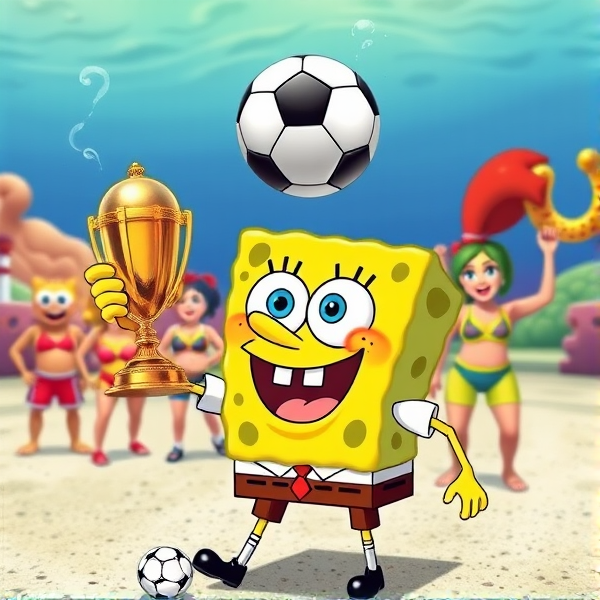 Sponge bob holding soccer trophy with team of  bikini bottom characters