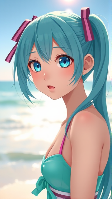 Hatsune miku at the beach, even less revealing and less sexy, emphasis on anime style