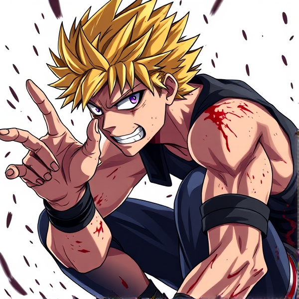 Create a highly detailed image in the style of "My Hero Academia" featuring an original male character around 15 years old, who exudes a palpable sense of malevolence. He should have vibrant, spiky, jagged blonde hair that embodies his evil nature. His piercing purple eyes should radiate malicious intent, set in an expression twisted into a sinister sneer as he stares intently at something off-frame. The character's costume is distinctively villainous and sleeveless to display numerous battle scars and tightly wrapped straps on each bicep. The costume should be form-fitting to emphasize his physique. Capture him in a dynamic side-view pose, crouched low with knees bent and reaching out with one hand as though about to seize or touch something unseen. Blood splatters cover him, suggesting recent combat, further enhancing his threatening aura. The perspective is from the side, showcasing him looking upward and forward with intensity.