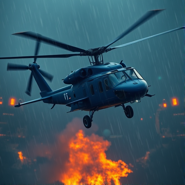 Blue USA army helicopter raining down hell from above.