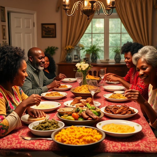 A lively African American family gathering around a richly adorned dinner table, sharing a traditional soul food meal with dishes such as fried chicken, collard greens, macaroni and cheese, cornbread, and sweet potato pie, all set in a warm and inviting dining room filled with laughter and storytelling