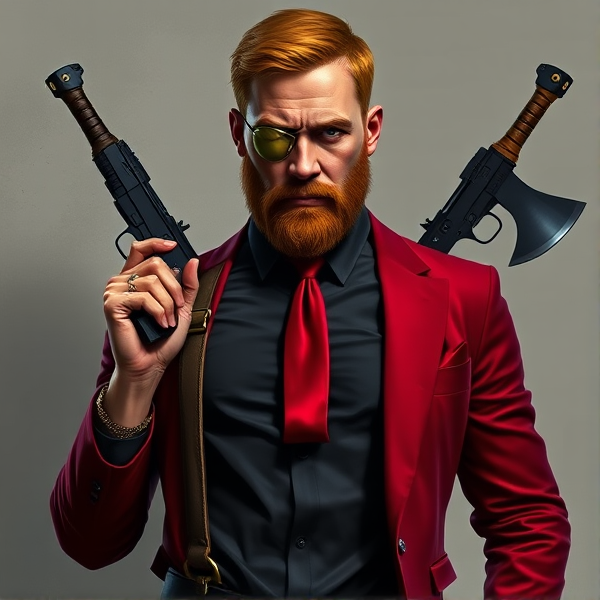 A highly detailed, full-body portrait of John Abraham Marston, an embodiment of the quintessential rugged male operative. Dark reddish-grey skin, He sports short, red hair and a meticulously groomed beard that contours his jawline and highlights his resilience. His left eye is obscured by a gold tactical eyepatch, beneath which runs a pronounced scar—a silent chronicle of his combat experiences and the resultant loss of vision. Poised with an air of cultivated authority, he is dressed in a crisp black button-down shirt neatly tucked into expertly fitted black trousers, held up by shining leather suspenders. A vivid red tie adds a pop of color to his ensemble. His look is completed by a bespoke red blazer with discreet Kevlar reinforcement for discreet protection, hinting at the dangers inherent in his line of work. Shiny dress shoes anchor his feet, reflecting the seriousness with which he approaches his duties. Equipped for engagement, John carries Desert Eagles with matte gold finishes and custom green laser sights for supreme accuracy. Overlapping behind him in an X configuration are his signature melee implements: a razor-edged katana and a robust fireman's axe—silent affirmations of readiness for hand-to-hand conflict. These elements underscore his allegiance to "the agency," where he navigates the shadowy corners of society while silently battling alcoholism as a means to manage post-traumatic stress disorder symptoms. His left arm reveals cybernetic enhancements acquired from past experimentation