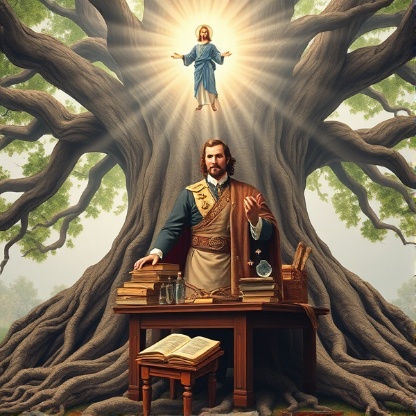 - **Background:** A large, ancient tree with deep roots, symbolizing the foundational aspects of Mormonism. The roots could be labeled with significant elements like "First Vision," "Golden Plates," and "Restoration."

- **Foreground:** Joseph Smith is shown at a desk with ancient-looking manuscripts. In his hands, he holds the **Urim and Thummim**—depicted as a pair of clear stones set in a breastplate, glowing softly—emphasizing their role in the translation process.

- **Heavenly Light:** Above the tree, two distinct figures (God the Father and Jesus Christ) are depicted, with light shining down on Joseph Smith, highlighting the non-Trinitarian belief that God the Father and Jesus Christ are separate beings.