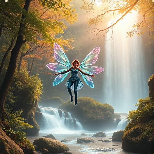 A whimsical cybernetic fairy winking playfully as she flutters amidst a high-tech mixed reality forest, with photorealistic trees seamlessly blending into digital code streams. The fairy is donning a futuristic outfit with iridescent wings reflecting the intertwining of natural and virtual worlds. In the background, an ethereal holographic waterfall glows, cascading down into a digital river flowing with luminescent binary numbers. The lighting is a harmonious mix of warm natural sunlight filtering through the canopy and cool, artificial neon accents from the tech elements. The camera angle is a dynamic low shot looking up at the fairy to capture her in mid-wink against this enchanting mixed reality landscape in an ultra-high-definition oil painting style