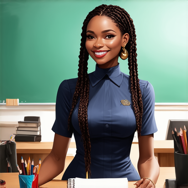 Une  institutrice africaine élégante de 50 ans avec des tresses africaines traditionnelles, vêtue d'un uniforme se tient debout devant un tableau noir dans une salle de classe lumineuse et bien rangée, souriante et prête à enseigner. Elle est entourée d'élèves noirs âgés de 10 ans et de fournitures scolaires typiques comme des livres, des cahiers et des crayons, accentuant son rôle d'éducatrice.