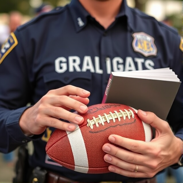 Grammar police holding an American football in one hand and a book in the other