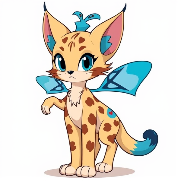 Lynx beige fursona furry with brown and blue markings and blue ears, star blue antennae with 2 bug wings and 4 arms. Cartoony silly little Lynx fursona scenecore with a blue hair tuft. Standing on two legs and  no lighter markings standing on two legs. Blue inside the ears and a blue and brown heart on her tail. Her tail fades into a dark and a lighter blue. Standing on 2 legs on 2 legs not on 4 legs she is standing on two legs two of them and she’s standing on 2 legs like a human but she isn’t human okay. Oh my gosh I said she’s a furry so she’s standing on 2 legs and also she’s a Lynx and where is her antennae