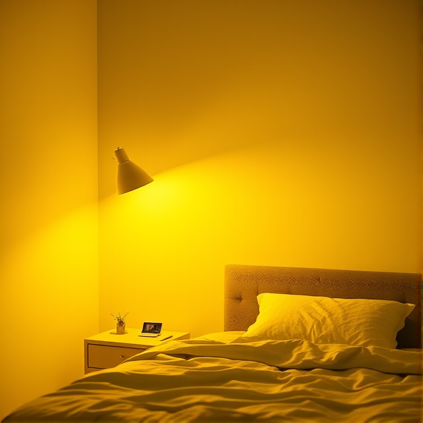 A yellow background with a night light that shines in a cool bedroom