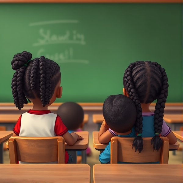 des filles noires de huit ans avec des tresses africaine et garçons assis dans une classe face au tableau