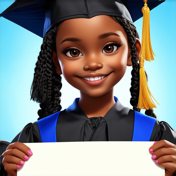 jeune fille noire de huit ans avec des tresses africaines traditionnelles, habillée élégamment pour une cérémonie de remise de diplôme, tenant son certificat, souriante et fière