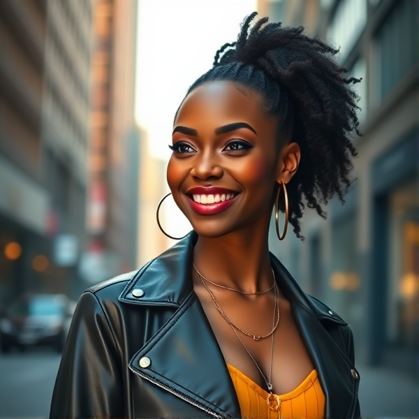 beautifull young African American woman with a vibrant smile, stylishly dressed in modern fashion, posing confidently against an urban background