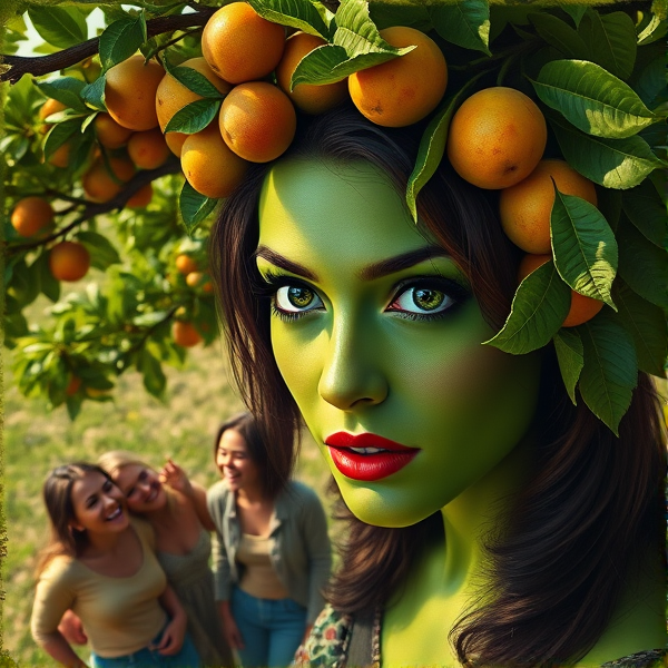 Un portrait hyperréaliste d'une femme à la peau verte avec des yeux brillants de jalousie, fixant intensément un groupe d'amis riant et partageant des moments joyeux sous un grand arbre saturé de fruits luxuriants dans une clairière ensoleillée. Les teintes saturées dominent la scène, avec des verts profonds et des couleurs vives qui contrastent avec son teint envieux. L'éclairage naturel accentue les détails fins du visage et les textures variées des feuilles et des fruits, créant un jeu d'ombres complexe. La perspective est en vue plongeante pour mettre en évidence l'isolement de la femme par rapport au groupe heureux. Le style doit rappeler les œuvres de Caravaggio, utilisant le clair-obscur pour renforcer l'émotion dramatique
