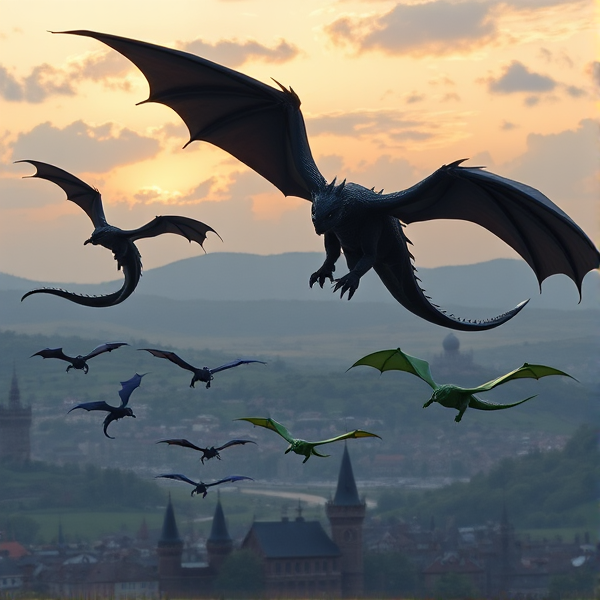 one black dragon, one cream dragon, one green dragon and nine smaller dragons flying over a medieval city at sunrise