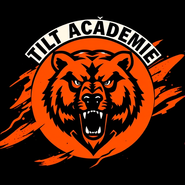 Dynamic soccer team logo featuring a fierce grizzly bear emblem at the center, predominant colors of orange and black, circular shape with a thick black border, 'Tilt Académie' text in bold font arched across the top of the circle, stylized background suggesting movement and sports passion, subtle football elements incorporated into the design