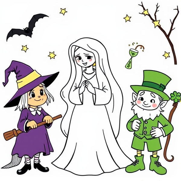 Draw a fun image of a witch, a chupacabra, a lady in white crying and a leprechaun