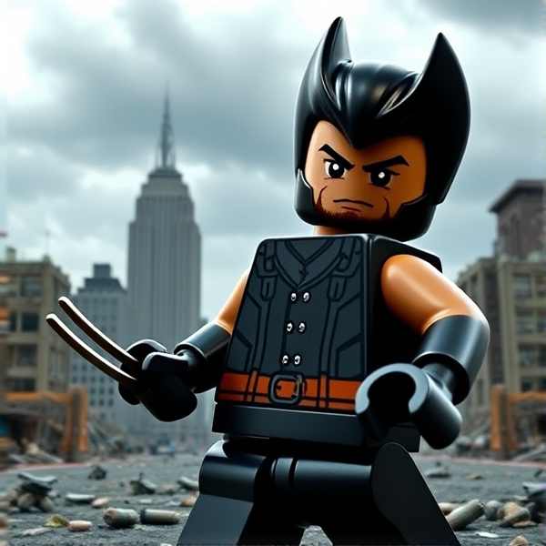 Lego Wolverine minifigure posed in an aggressive battle stance, finely sculpted features mimicking Hugh Jackman's distinctive visage, intense expression with furrowed brows and a stubbled chin showcasing his rugged facial texture, adamantium claws extended in preparation for combat, dressed in the meticulously crafted black leather X-Men uniform as seen in "X-Men: Days of Future Past", complete with all its intricate stitching and battle-worn appearance. The backdrop features a dystopian future cityscape in ruinous decay, with crumbling buildings, debris-filled streets, and scattered remnants of destroyed Sentinels providing a testament to past battles. Overhead, the heavy clouds part just enough to allow a somber light to cast dramatic shadows, enhancing the desolate and ominous mood reflective of the film's intense opening sequences