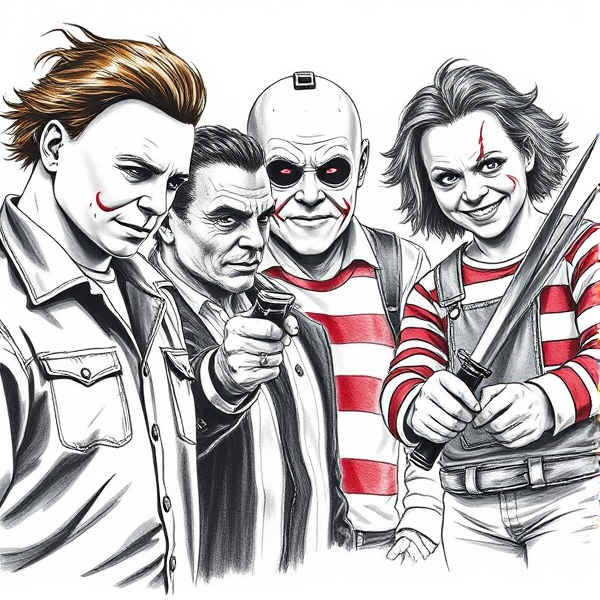 Draw horror movie characters Michael Myers, freddy Krueger, jason, and chucky