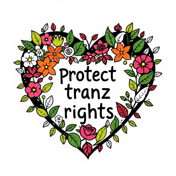 A heart symbol with the outline of the heart being flowers, leaves, and plants. The inside of the heart says protect trans rights
