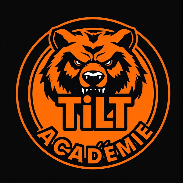 Création d'un logo circulaire pour une équipe de football représentant un grizzly aux couleurs orange et noir avec dynamisme et agressivité, accompagné de l'inscription 'Tilt Académie' en lettres tridimensionnelles intégrées harmonieusement au centre du cercle
